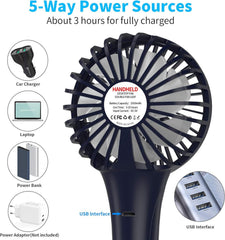 KOOPAO Handheld Mini Fan Rechargeable 2500mAh | Portable USB Desk Fan with 3 Speeds | Quiet Personal Fan with Stand & Phone Holder for Home Office Travel
