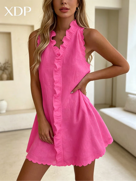 Women's Scalloped Edge Ruffle V-Neck Mini Dress, Casual Sleeveless Swing Dress for Daily