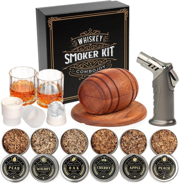 Whiskey Smoker Kit with Torch - 6 Flavors Wood Chips, 2 Glasses, 2 Ice Ball Molds - Cocktail Smoker Infuser Kit, Old Fashioned Drink Smoker Kit, Birthday Bourbon Gifts for Men,Dad(No Butane)