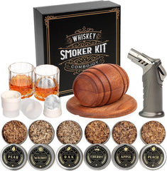 Whiskey Smoker Kit with Torch - 6 Flavors Wood Chips, 2 Glasses, 2 Ice Ball Molds - Cocktail Smoker Infuser Kit, Old Fashioned Drink Smoker Kit, Birthday Bourbon Gifts for Men,Dad(No Butane)