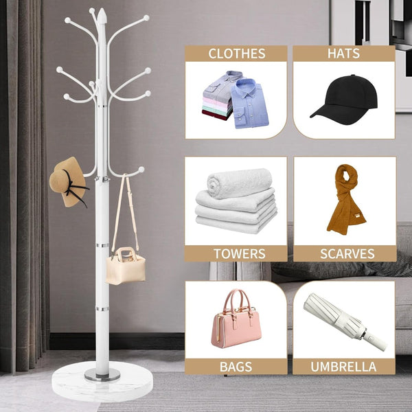 12-Hook Stylish Freestanding Coat Rack, Column-style Heavy Duty Metal Hat Stand with Solid Marble Base, 180cm Tall 4.7cm Thick Pole, Gold Black White Finish for Hallway, Office, Boutique Display
