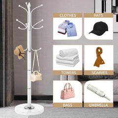 12-Hook Stylish Freestanding Coat Rack, Column-style Heavy Duty Metal Hat Stand with Solid Marble Base, 180cm Tall 4.7cm Thick Pole, Gold Black White Finish for Hallway, Office, Boutique Display