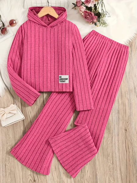 A Set of Women's Ribbed Letter Applique Hoodie and Flared Pants