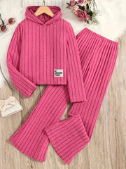 A Set of Women's Ribbed Letter Applique Hoodie and Flared Pants