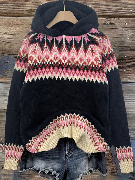 Women's Winter Hooded Jacquard Sweatshirt Style Glacier Snow Mountain Chunky Elegant Fashionable Comfortable Casual Vintage Commuter Soft Slim-Fit Top