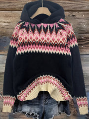 Women's Winter Hooded Jacquard Sweatshirt Style Glacier Snow Mountain Chunky Elegant Fashionable Comfortable Casual Vintage Commuter Soft Slim-Fit Top