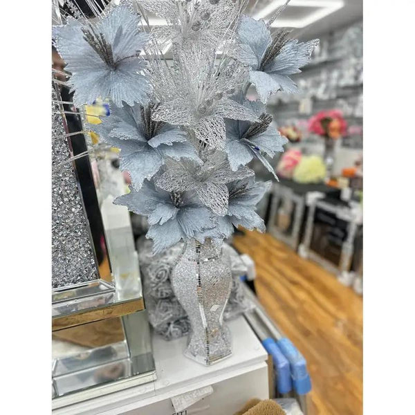 Decorative Artificial Lily Flowers, Silver and White Glitter, Premium Quality Material Silk Blooms, Home Décor 30X15X15CM
