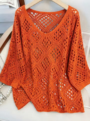 Plus Size - Plus Size - Plus Size Women'S Cashew Flower Loose Temperament Hollow Round Neck Pullover Long Sleeve Sweater