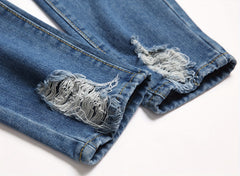 Men's Ripped Jeans with Doll Figure Pattern, Youth Zhang Zai Embroidery, Trendy Skinny Tapered Fit Denim Pants