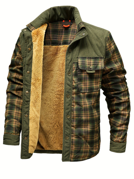Men's American Size Autumn/Winter Fleece-Lined Warm Plaid Jacket