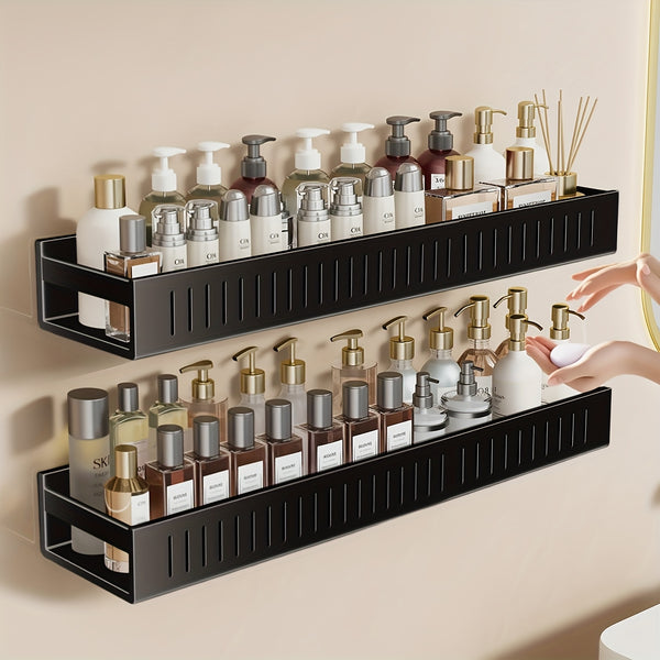 2pcs Large Capacity No-Drill/Screw Shower Shelf - Heavy-Duty SUS304 Stainless Wall-Mounted Bathroom Shelf with Hanging Rail System, Install Bath Storage Rack Suitable for Bathroom, Kitchen, Pantry (Black/Gray)