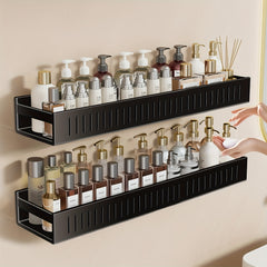 2pcs Large Capacity No-Drill/Screw Shower Shelf - Heavy-Duty SUS304 Stainless Wall-Mounted Bathroom Shelf with Hanging Rail System, Install Bath Storage Rack Suitable for Bathroom, Kitchen, Pantry (Black/Gray)