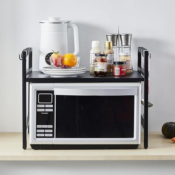 QuickTurn Expandable Microwave Oven Rack Kitchen Countertop Over Microwave Stand Shelf Unit White 2 Tier Space Saving Standing Baker'S Racks for Air Fryer