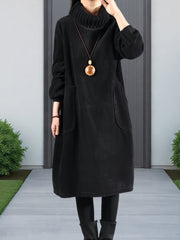 Women'S Elegant Corduroy Dress - Long Sleeve Turtleneck Loose Fit Winter Warm Dress with Pockets, Solid Color (Navy/) - Cozy Fall/Winter