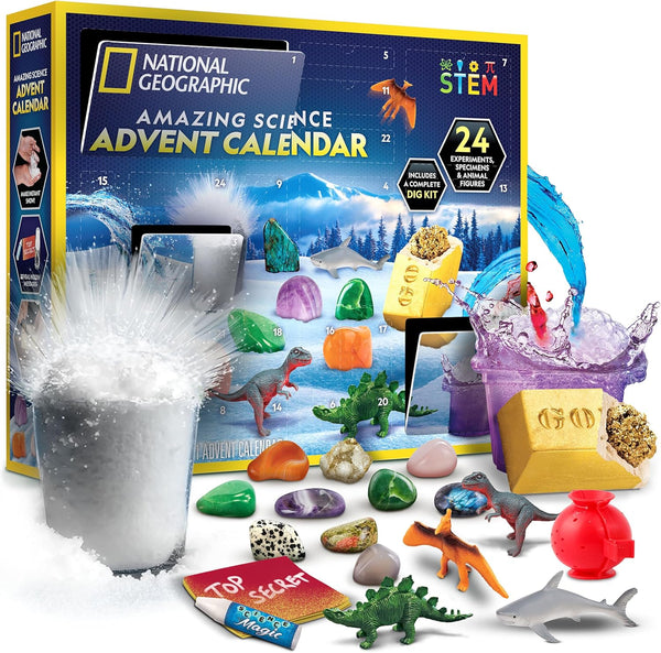 NATIONAL GEOGRAPHIC 2025 Gemstone Advent Calendar - Christmas Countdown Calendar for Kids with 24 Gems, Rock Collection, Mini Gem Dig Kit (English-Only Version)