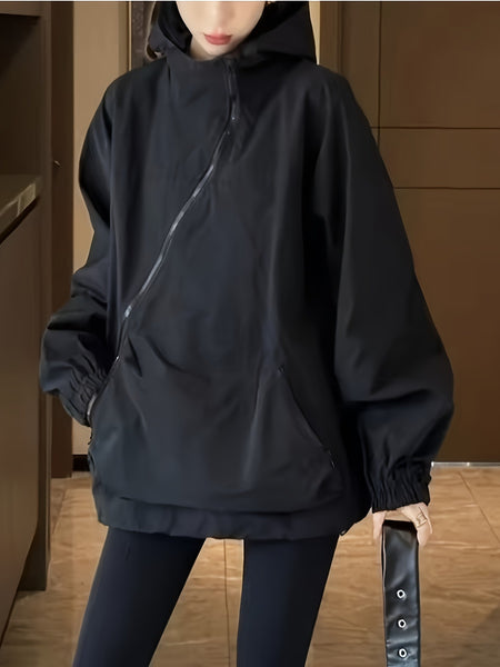 Black Casual Outdoor Hoodie with a Retro Slant Zipper for Women - Lightweight And Loose Fit, Perfect for Spring And Autumn, Machine Washable, Versatile Casual Jacket And Sweatshirt