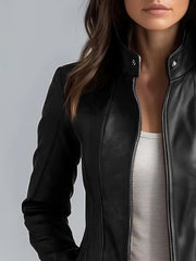 CHIDU Women's Jacket, PU Slim Vintage Motorcycle Women's Jacket, Windproof Women's Jacket, Suitable for Spring, Autumn And Winter Jacket, Fashion Commuting, Pockets, Zipper, Double-layer, Turtleneck, Global ALL, Mid-length Casual Women's Jacket