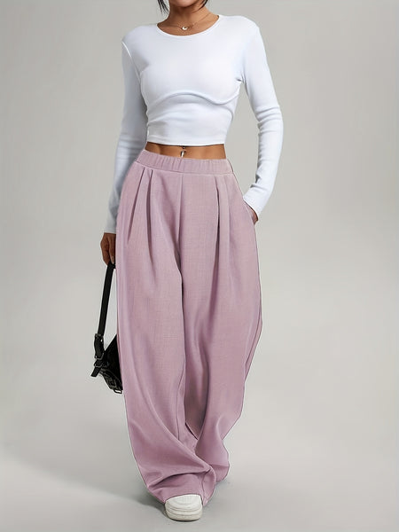 2pcs Women'S Wide-Leg Pants - High-Waisted, Elastic Waistband, Solid Color (Pink & Navy Blue), Loose Fit, Comfortable for Spring/Summer/Fall, Casual & Elegant Style, Allseason Pants | Highwaisted Pants | Elastic Waistband Pants