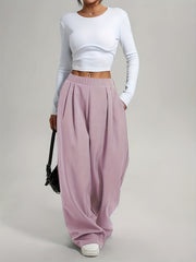 2pcs Women'S Wide-Leg Pants - High-Waisted, Elastic Waistband, Solid Color (Pink & Navy Blue), Loose Fit, Comfortable for Spring/Summer/Fall, Casual & Elegant Style, Allseason Pants | Highwaisted Pants | Elastic Waistband Pants