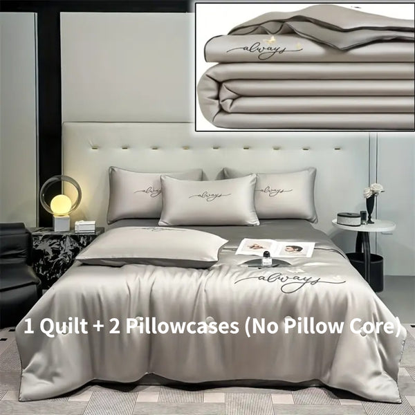 3pcs Ice Sliky Fiber Fabric Bedding Set- 1 Summer Quilt + 2 Pillowcases, Soft and Smooth to the Touch, Refreshing Breathable Moisture-Wicking Fine Weave, Machine Washable, Colorfast, All-Season Use