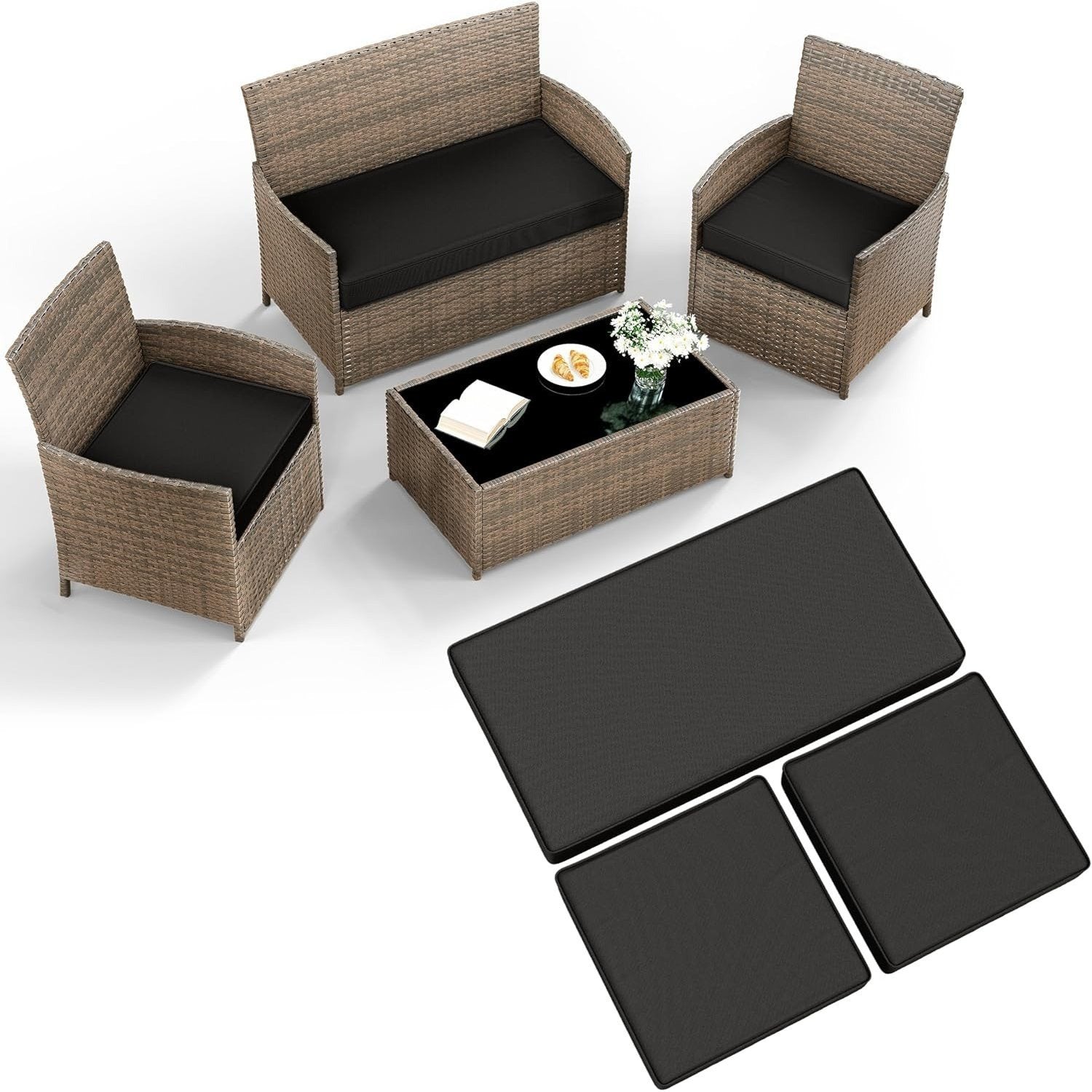 3pcs Rattan Outdoor Furniture Seat Cushion Pads, Outdoor Replacement Cushions for Rattan Set, Water-Resistant Outdoor Chair Cushions Garden Seat Cushion Pads