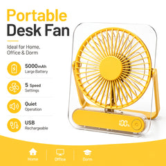 USB Desk Fan, 5000Mah [15H Max Working Time] Ultra Quiet Battery Operated Small USB Fan with Strong Wind, 180° Tilt Foldable And 5 Speeds Adjustable, Battery Powered Mini Personal Fan for Office Bedroom Desktop - Gift
