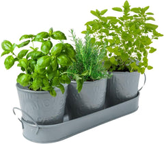 Trendi – Set of 3 Metal Plant Pots with Drip Tray | Embossed Indoor & Outdoor Plant Pots for Garden, Windowsill, Kitchen & Desk | Decorative Metal Flower Pots for Herbs & Plants | Light Grey