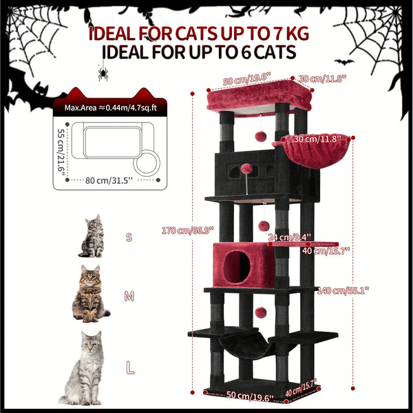 Cat Tree for Indoor Cats, 170cm Large Tall Cat Tower, Multi-Level Cats House with Condo, 8 Scratching Posts, Hammock, 4 Pom Poms