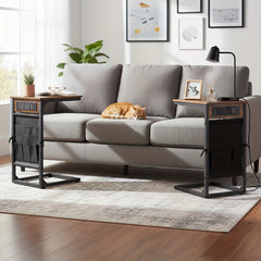 AMHANCIBLE 1pc/2pcs C-Shape Side Table Featuring a Charging Station, Bedside Table with a Storage Pouch, And a Coffee Table with a Metal Frame Suitable for Living Rooms, Bedrooms, And Offices