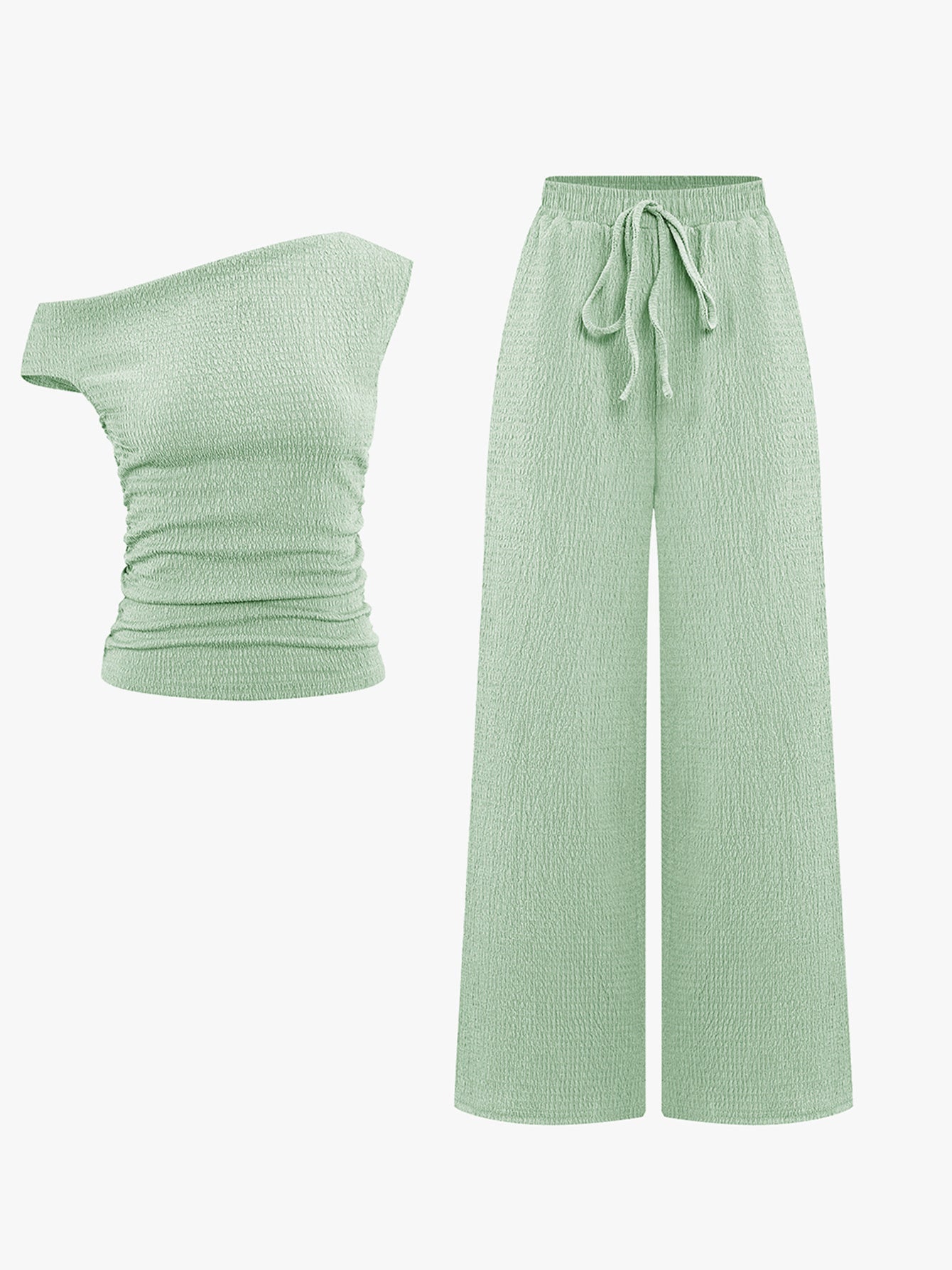 KatchMe Women's 2-Piece Outfit - Sloping Shoulder Top & Wide Leg Pants Set, Shirred Detail Matching Coord, Minimalist Solid Color Two Piece