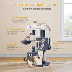 98cm Cat Tree, Cat Tower for Indoor Cats, Multi-Level Cats House Furniture with Scratching Post, 2 Caves, Large Platform, Scratching Ramp, Pompom, Light Grey