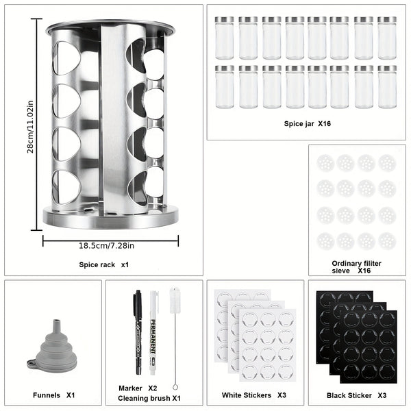 Miorkly Round Kitchen Spice Rack With 16 Spice Bottles, Spice Bottle Rack, Spice Bottle Rack, Spice Rack With Stainless Steel Lid)