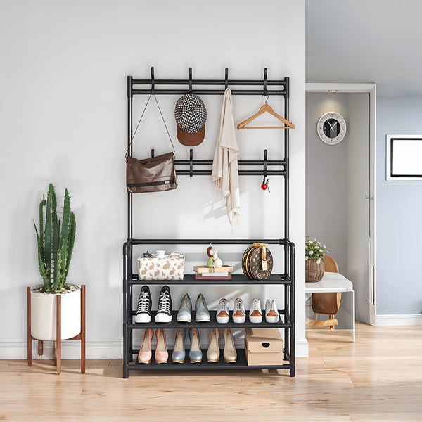 Coat and Hat Stand 8 Hooks Metal Shoe Rack 3 Tiers Shelf Hanger, Multifunctional Hallway Organizer Clothes Umbrella Bag Hanger, Easy Assembly, Black Versatile Clothes Drying Rack For Living Room Balcony