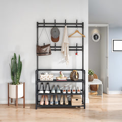 Coat and Hat Stand 8 Hooks Metal Shoe Rack 3 Tiers Shelf Hanger, Multifunctional Hallway Organizer Clothes Umbrella Bag Hanger, Easy Assembly, Black Versatile Clothes Drying Rack For Living Room Balcony