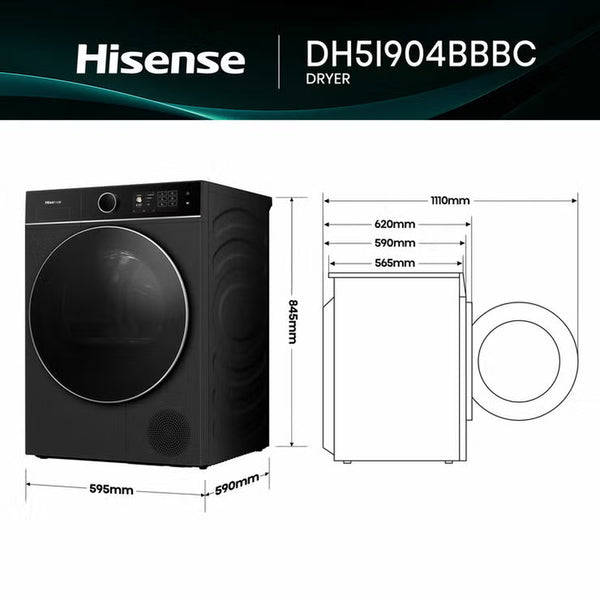 Hisense Kitchenfit 5I Series DH5I904BBBC, 9Kg Heat Pump Dryer, A+++ Rated in Black
