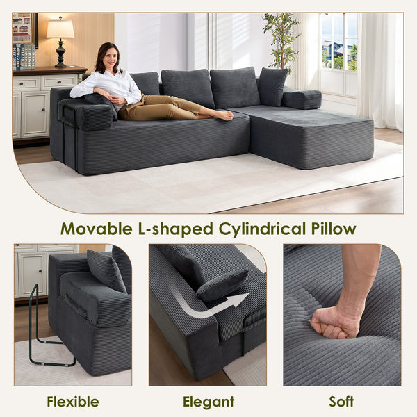 ROXGOX L-Shaped Sectional Sofa with Reversible Chaise, Left or Right Facing Modular Couch, No Assembly Required, Perfect for Small Apartment, Black Borwn Grey