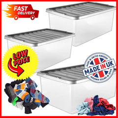 3 x Underbed Storage Containers 32 Litre Large Big Plastic Clear Boxes With Silver Lids Strong