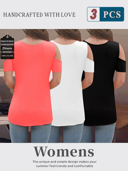 Three-Piece Summer Off-Shoulder Short-Sleeve T-Shirt, Casual Loose Eyelet V-Neck Solid Color Basic Off-Shoulder Short-Sleeve Top