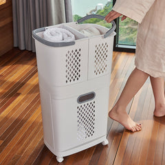1 piece, white, bathroom and toiletries storage basket, upper layer can be used separately, non perforated household multifunctional plastic dirty clothes basket, multi-layer snack, beverage, toy storage basket, household small item storage basket, freely