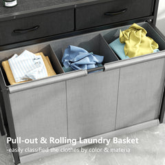 Modern Gray Rolling Laundry Hamper with 3 Removable Bags & 2 Drawers - Durable Wooden Laundry Sorter Cart for Bathroom, Bedroom, Laundry Room - Space-Saving Storage Organizer with Wheels, Laundry Basket, Laundry Baskets