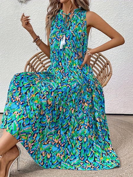Spring/Summer Vacation Women'S Sleeveless Bohemian Style Fringed Tie-Up Printed Dress