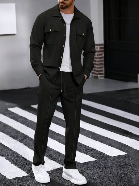 Men's Two-Piece Set, Autumn-Winter Casual Fashion Beach Dual Pocket Turn Collar Long Sleeve Shirt + Trousers Outfit for Fall/Winter Hawaiian Vacation