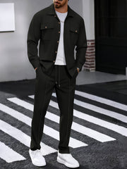 Men's Two-Piece Set, Autumn-Winter Casual Fashion Beach Dual Pocket Turn Collar Long Sleeve Shirt + Trousers Outfit for Fall/Winter Hawaiian Vacation