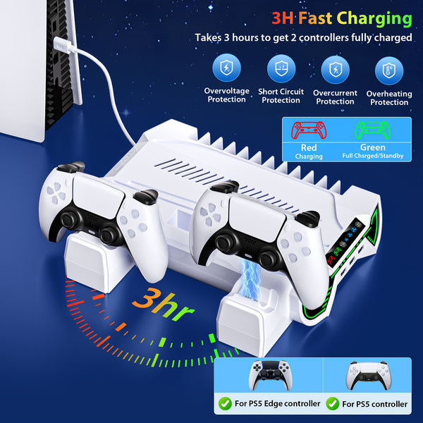 For Ps5/Slim/Pro Cooling Station And Controller Charging Station with RGB Stand for Playstation 5 Console - for PS5 Controller Charger, Cooling Stand Accessory Kit-Cooler Fan/Headset Holder/3 USB Hub, White