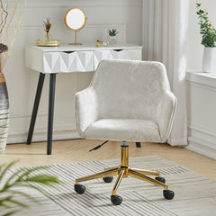 Velvet Office Swivel Chair, Vanity Chair, Pretty Fancy Desk Chair, Office Chair for Girls, 360° Swivel Height Adjustable Reception Chair Gold Base