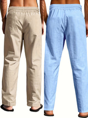 2pcs Men'S Linen Solid Color British Business Casual Straight Leg Pants with Drawstring Elastic Waistband And Button Design Casual Long Trousers Suitable for Outdoor Travel Fitness Exercise And Daily Wear Casual Outdoor Pants Linen Long Pants Lightw