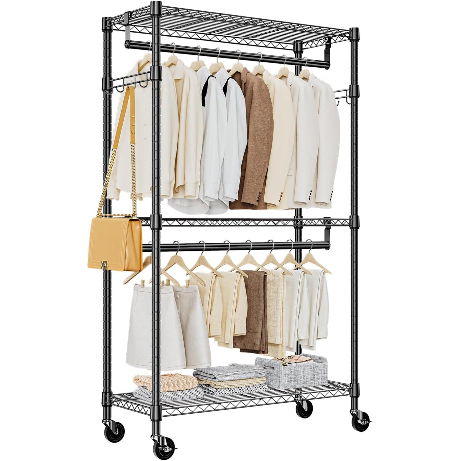 M MZG Heavy Duty Easy to Assemble - Multi-functional Removable Clothes Rack - with Three Shelves, Side Hooks And Locking Casters - Sturdy And Durable - Suitable for Bedroom, Living Room And Wardrobe Black