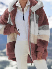 Women's 2025 Autumn Winter Warm Patchwork Hooded Coat - Zip Pockets Loose Fit Oversized Casual Outerwear
