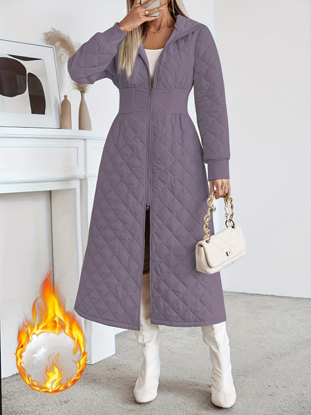 Women'S Casual Quilted Long Coat, Solid Color Long Sleeves with Pockets, Elegant Hooded Winter Warm Jacket