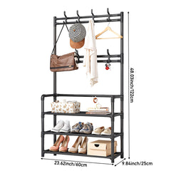 Coat and Hat Stand 8 Hooks Metal Shoe Rack 3 Tiers Shelf Hanger, Multifunctional Hallway Organizer Clothes Umbrella Bag Hanger, Easy Assembly, Black Versatile Clothes Drying Rack For Living Room Balcony